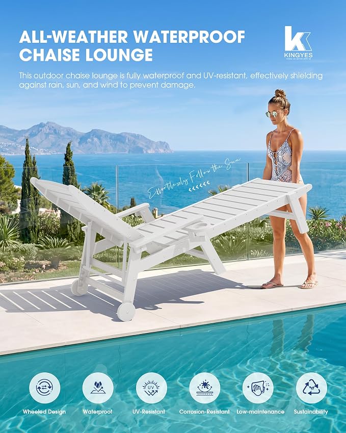 KINGYES HDPE Lounge Chair Outdoor Set of 4, Patio Chaise Lounge Recliner - Image 6
