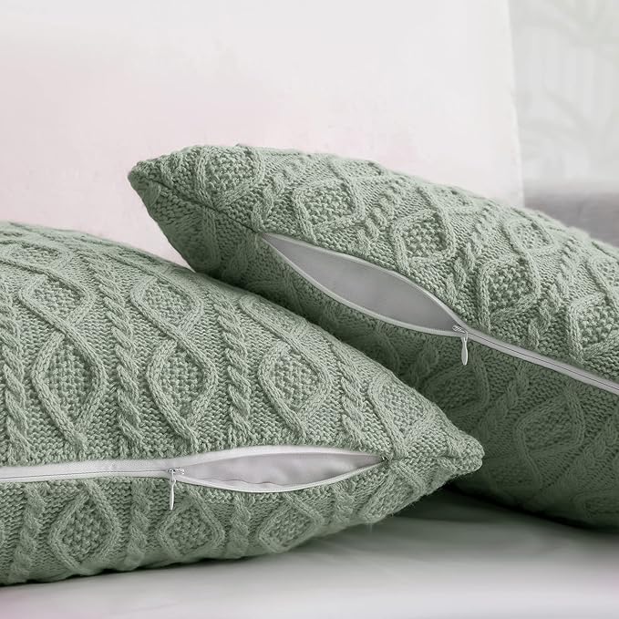 Homiest Cable Knit Throw Blanket and Pillow Set, Sage Green Set of 3, Knitted - Image 4