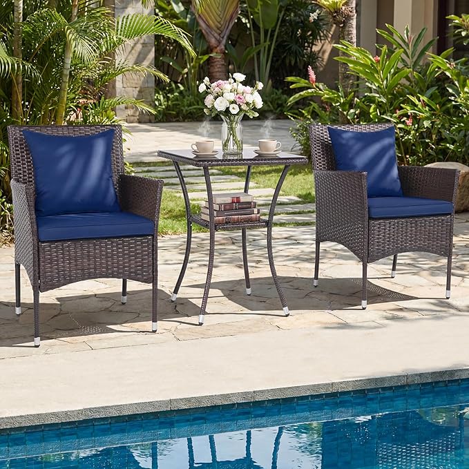 Tangkula 3 Pieces Patio Wicker Bistro Set, 2 Rattan Chairs w/ 2-Tier Tempered - Image 3