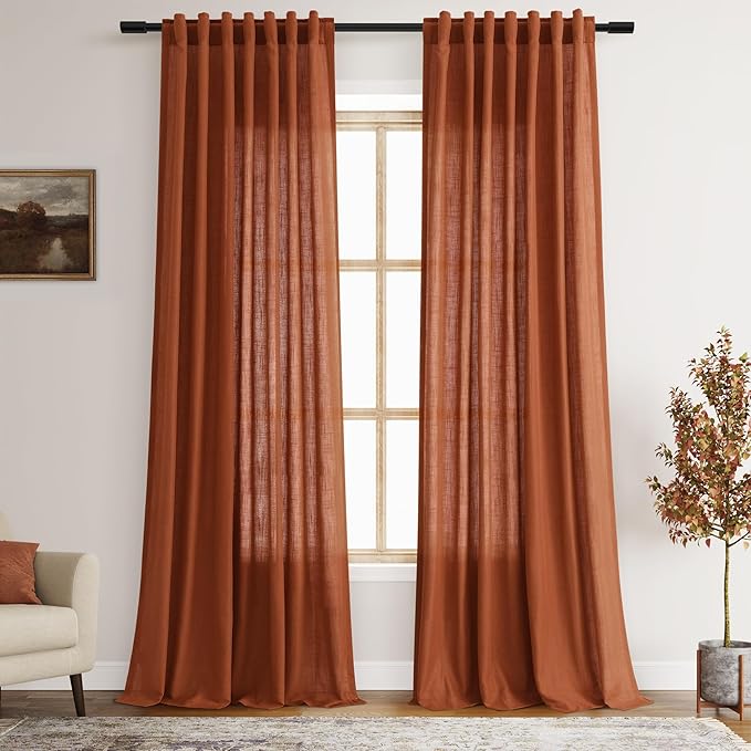 Nanspring Linen Blend Terracotta Curtains 100 inches Long 2 Panel Back Tab Rod by Nanspring