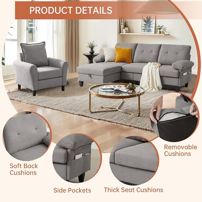 2PCS Sectional Sofa Set with Ottoman, Modern Linen 4 Seater Couch Set with Side - Image 3