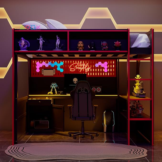 Modern Gaming Loft Bed with Built-in Desk, LED Lighting & Charging Hub – Full - Image 5