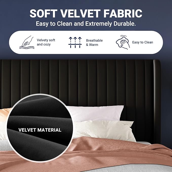 Allewie King Size Velvet Bed Frame/Vertical Channel Tufted Wingback - Image 6