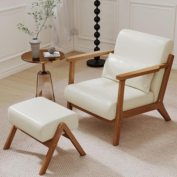 Modern Accent Chair and Ottoman Set, Mid-Century Faux Leather Upholstered by LOVSPATIOFURNITURE
