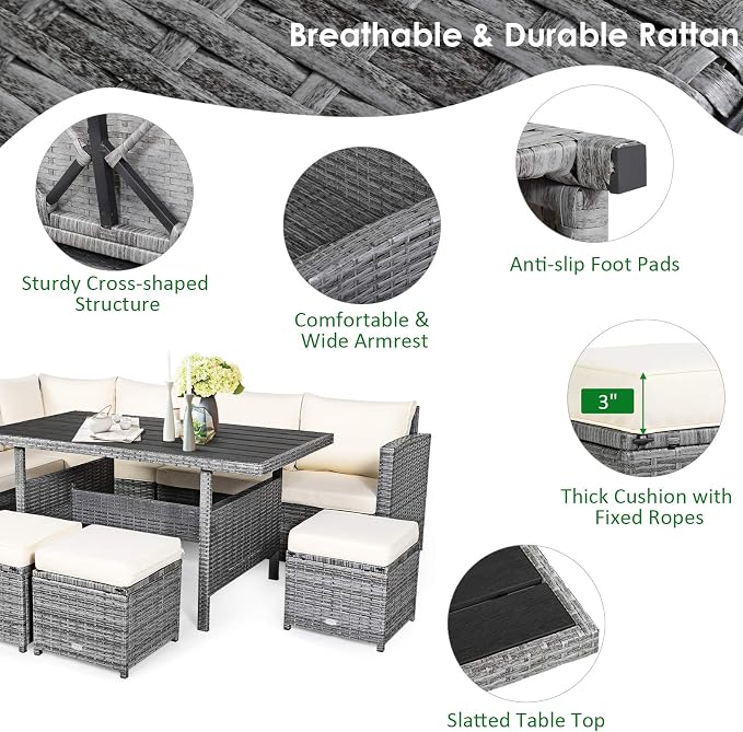 Tangkula 7 Pieces Patio Furniture Set, Outdoor Sectional Rattan Dining Sofa Set - Image 6