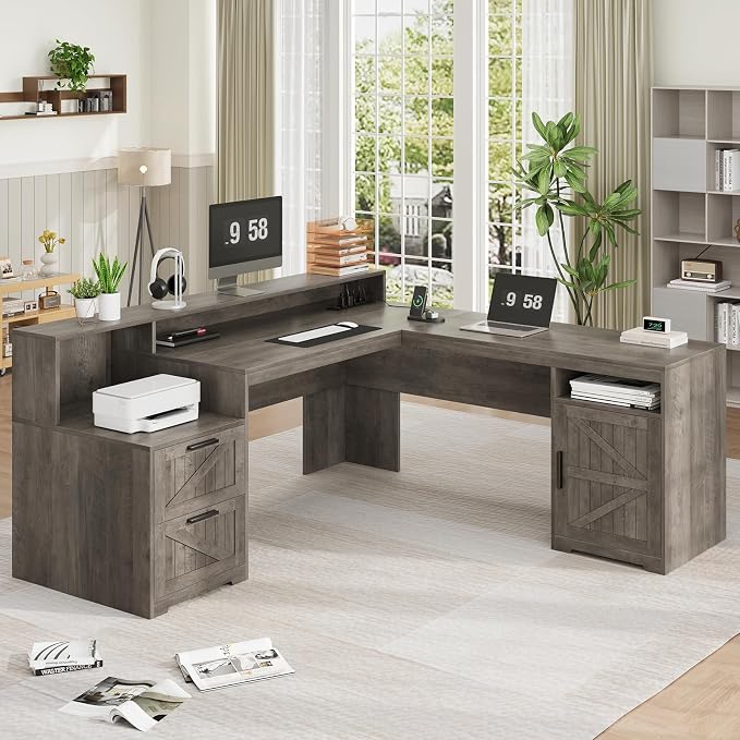 YOMILUVE 63" Farmhouse L Shaped Executive Desk - Image 8