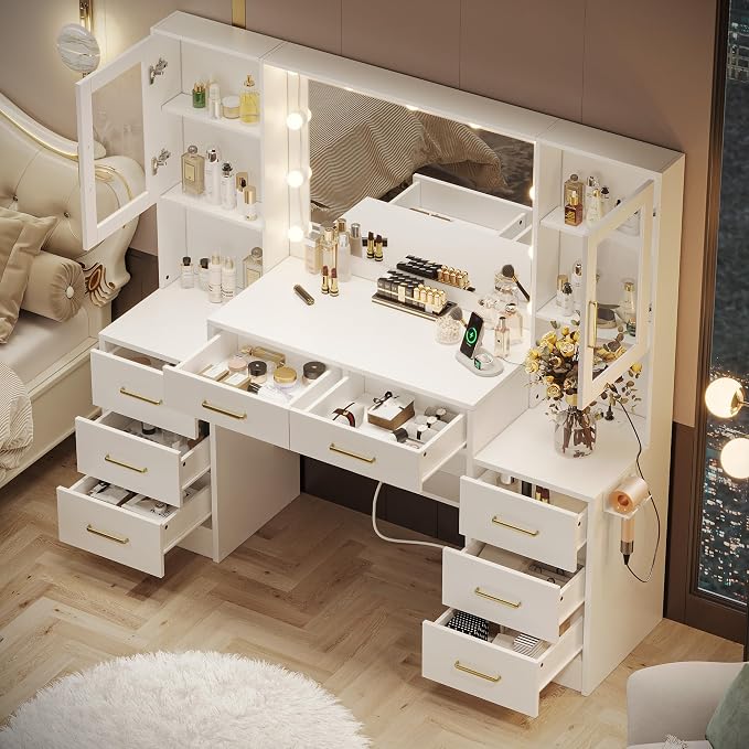TOKSOM White Vanity Desk with Mirror, Lights & Charging Station, 2 Cabinets and - Image 2