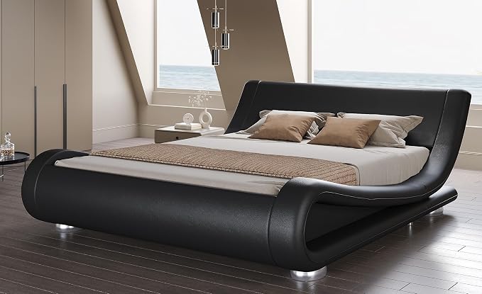 SHA CERLIN Full Size Upholstered Bed Frame, Deluxe Low Profile Sleigh Bed by SHACERLIN