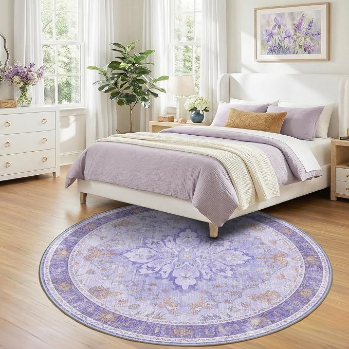 RELEANY Area Rugs Round 7ft Washable Non-Slip, Floral Vintage Distress Print - Image 2