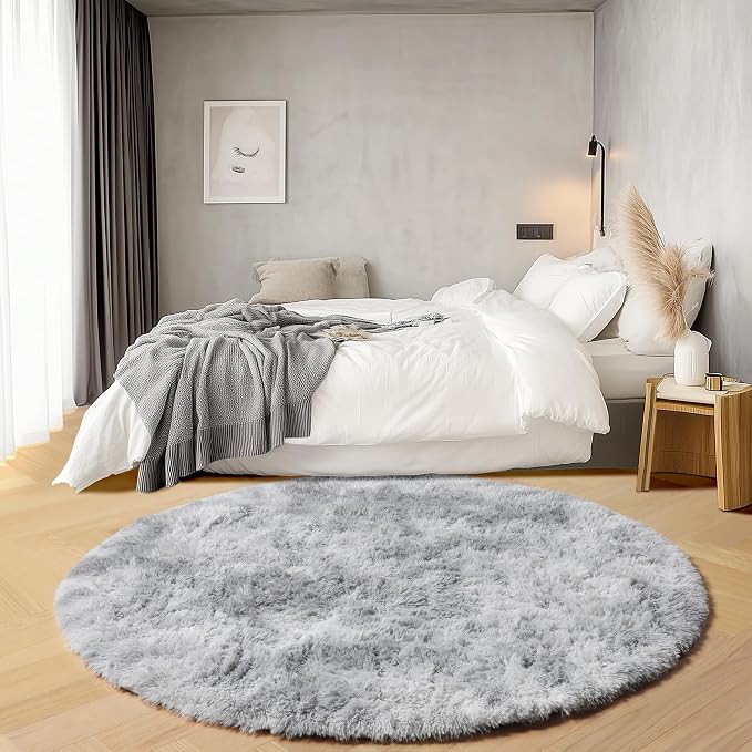 ONASAR Tie-Dyed Light Grey Round Area Rugs 6ft, Ultra Soft Bedroom Circle Rug - Image 3