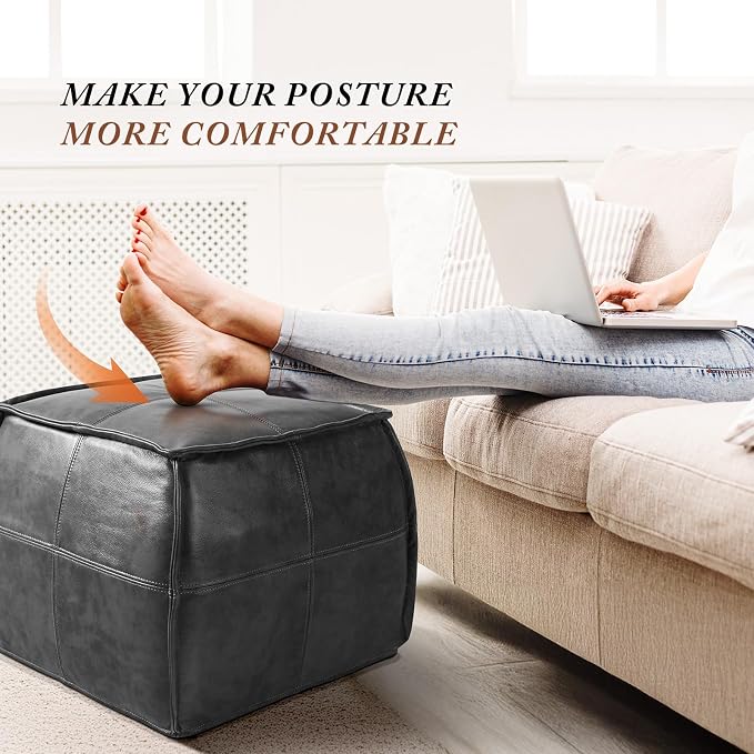 Leather Ottoman, Handmade Stuffed Square Ottoman, Genuine Leather Pouf - Image 5