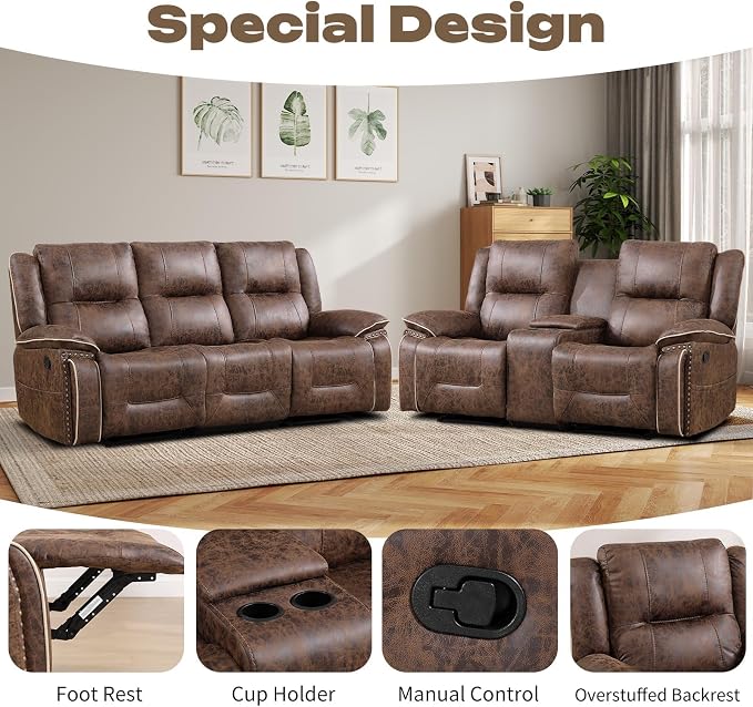 EBELLO Manual Recliner Sofa Set, Faux Leather Reclining Loveseat and 3 Seater - Image 3
