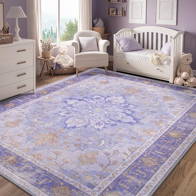 RELEANY Area Rugs 5'x8' Washable Non-Slip, Floral Vintage Distress Print by RELEANY
