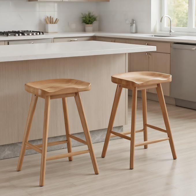 LukeAlon Set of 2 Ergonomic Bar Stools 24.25" Wooden Counter Height Stools - Image 9