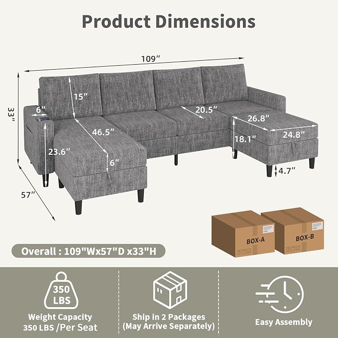 Sectional Couches for Living Room, 6-Seats Soft Linen Fabric Sectional Sofa - Image 2