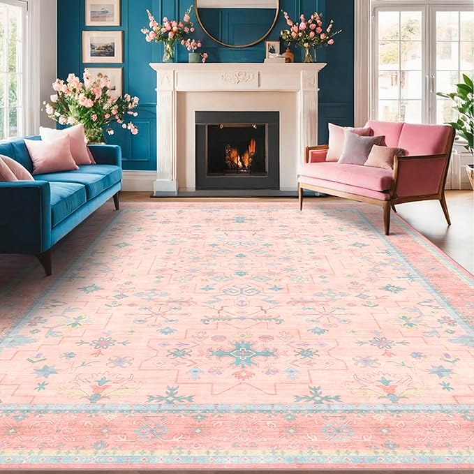 Washable Pink and Blue 8x10 Oushak Rugs - Image 9