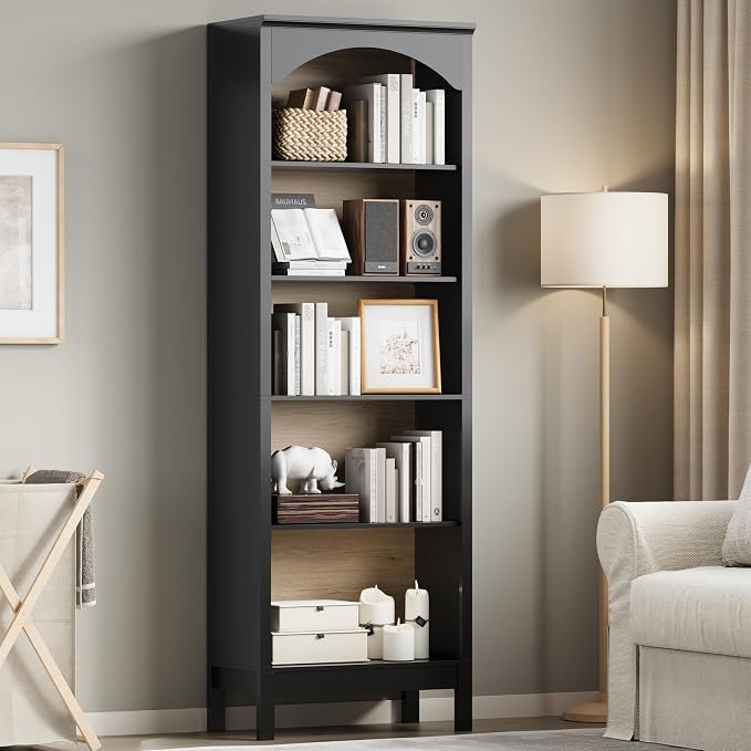 Arched Set of 2 Bookshelf with 5 Tier Open Shelves, Living Room, Modern Black - Image 6