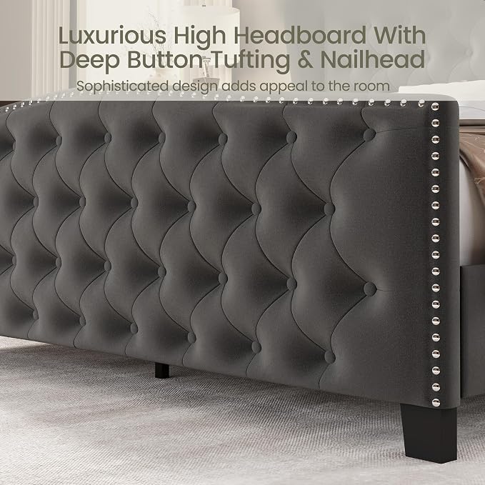LARMACE Queen Size Bed Frame Velvet Upholstered Platform Bed - Image 4