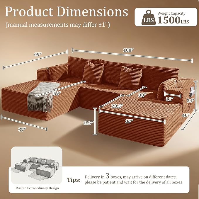 108" Cloud Sectional Couch, Comfort U Shaped Boneless Couch - Image 2