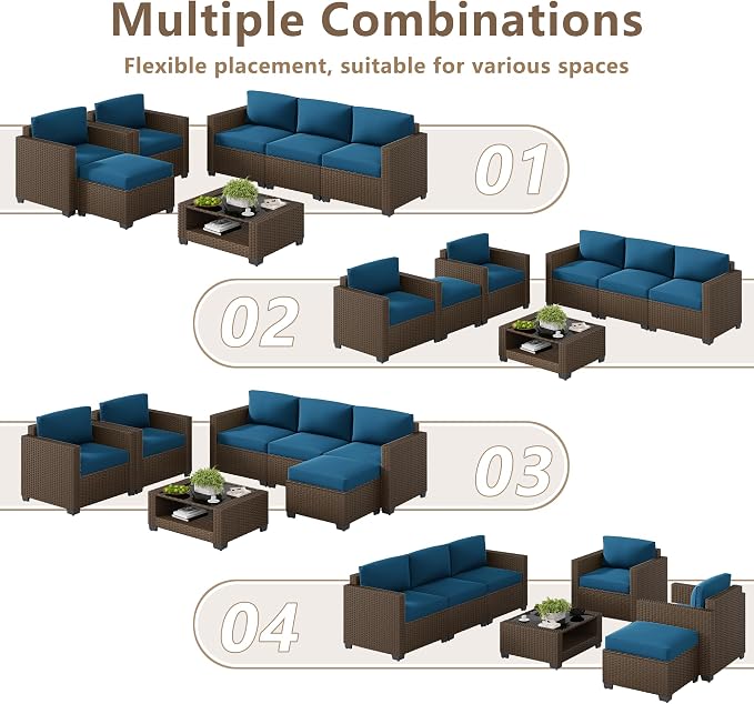LOUVIXA 7 Piece Outdoor Patio Furniture Set, Rattan Chairs Glass Table Wicker - Image 4