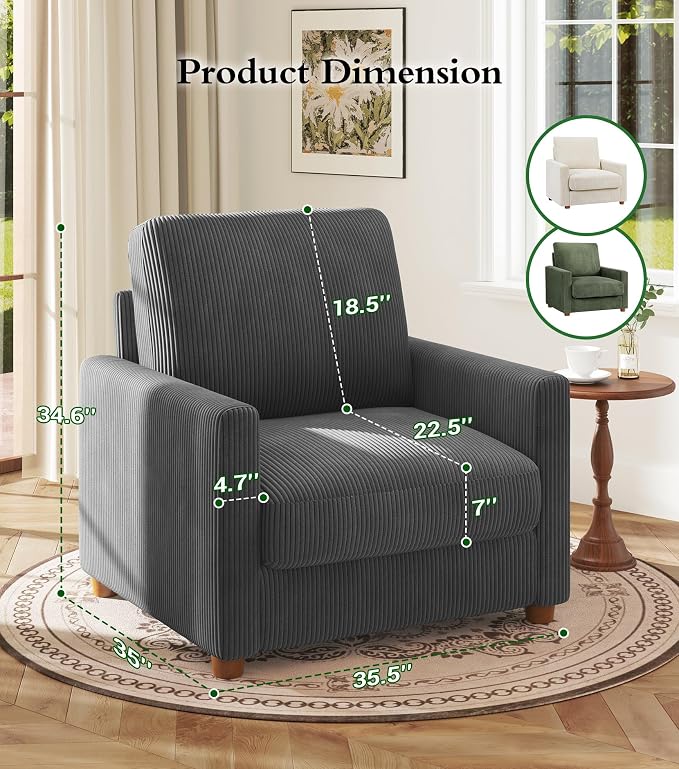 Kidirect 35.5in Oversized Accent Chair, Corduroy Reading Chair - Image 2