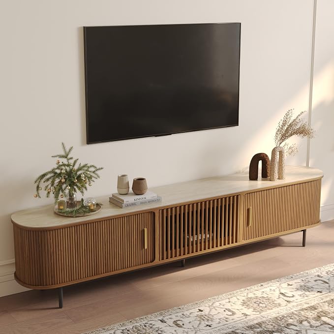 POVISON Fully-Assembled Sliding Tambour Door TV Stand, Mid Century Modern by POVISON
