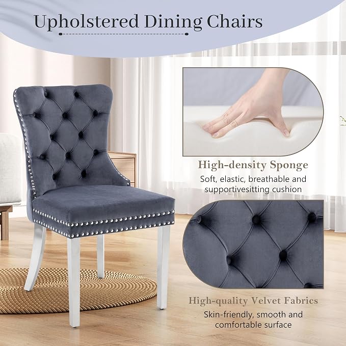 KCC Velvet Dining Chairs Set of 4, Upholstered High-end Tufted Dining Room Chair - Image 4