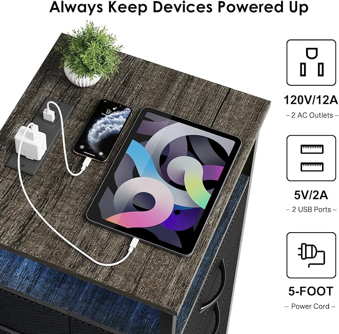 Fixwal Night Stand with Charging Station, LED Nightstand with U-S-B Ports and - Image 5