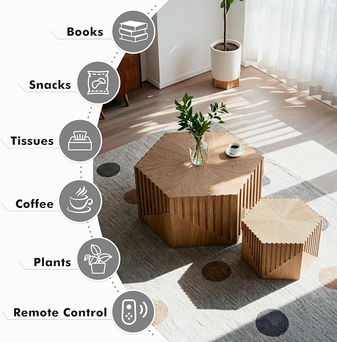 Hexagonal Nesting Coffee Table Set of 2, Wooden Fluted Coffee Table - Image 4