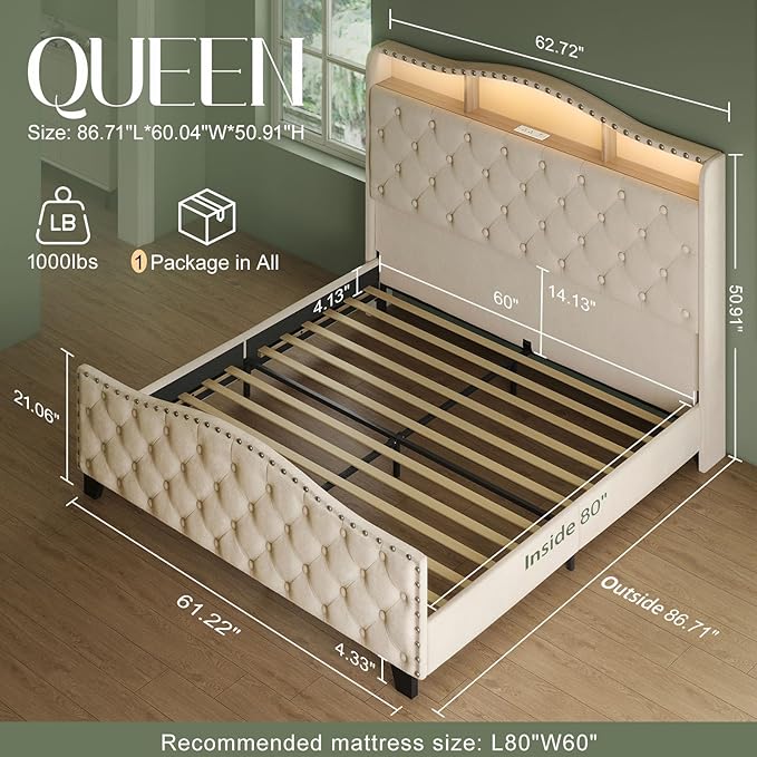 Belffin Queen Size Bed Frame and Headboard, 50.9" Velvet Upholstered Wingback - Image 2