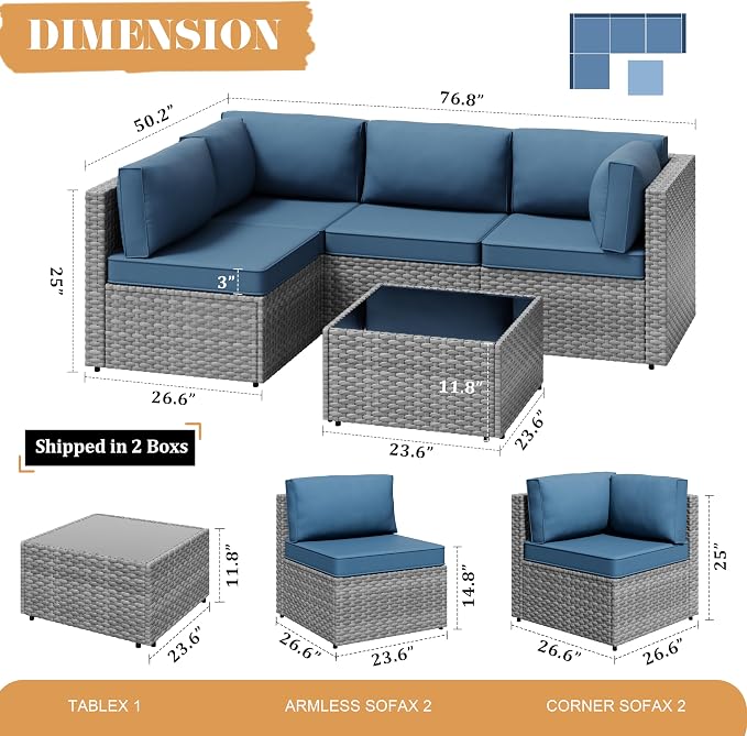 Vongrasig 5 Pieces Outdoor Sectional Furniture, All-Weather Rattan Patio - Image 3
