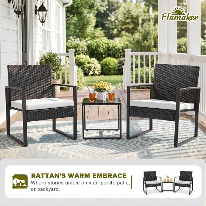 Flamaker 3 Pieces Patio Furniture Outdoor Wicker Modern Rattan Chair - Image 2