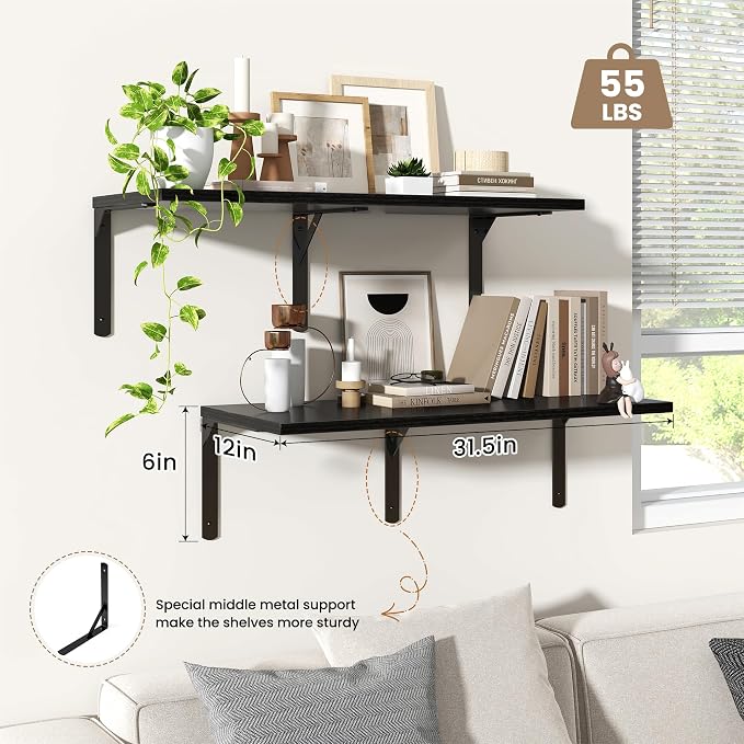 Fun Memories Floating Shelves for Wall, 12 Inch Deep Floating Shelves Set of 2 - Image 4