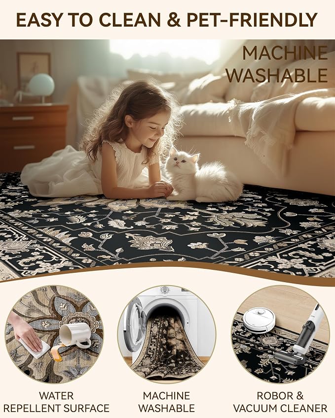 RELEANY Area Rugs 8'x10' Washable Non-Slip, Floral Vintage Distress Print - Image 5