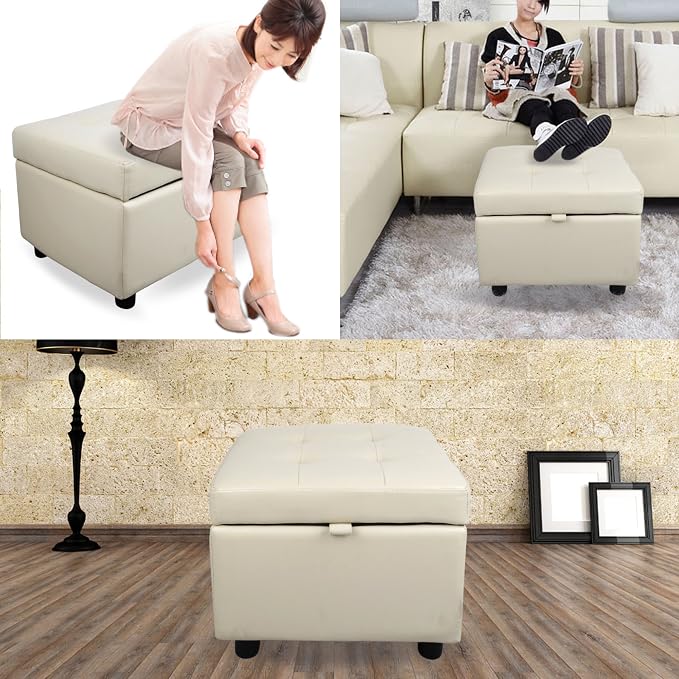 H&B Luxuries Tufted Leather Square Flip Top Storage Ottoman Cube Foot Rest - Image 6