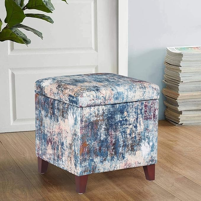Adeco 18 Inch High Cube Ottoman Storage, Linen Chair Foot Stools, Upholstered by Adeco