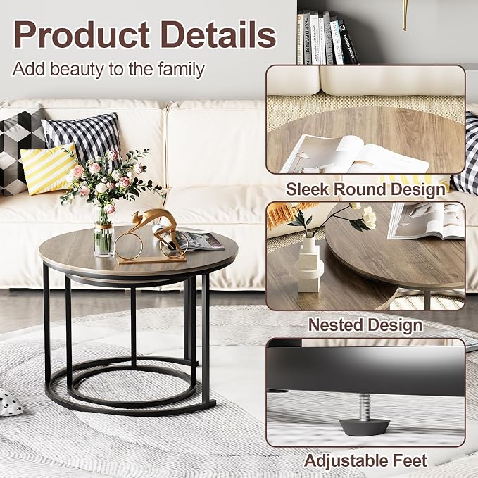 Garden 4 you Nesting Coffee Table, 23.6" Round Coffee Table Set of 2, Wooden - Image 5