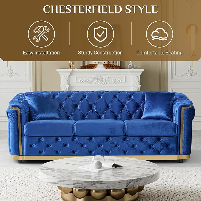 DAMAIFROM Velvet Couch Blue and Gold Sofa Luxury Loveseat 84.6" Mid Century - Image 8