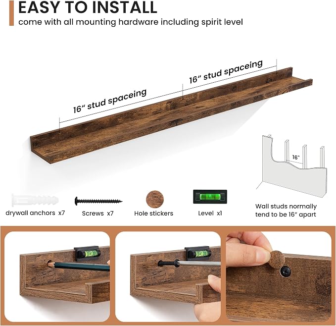 Fun Memories Picture Ledge Shelves Set of 2, 48 Inch Rustic Wall Mounted - Image 3