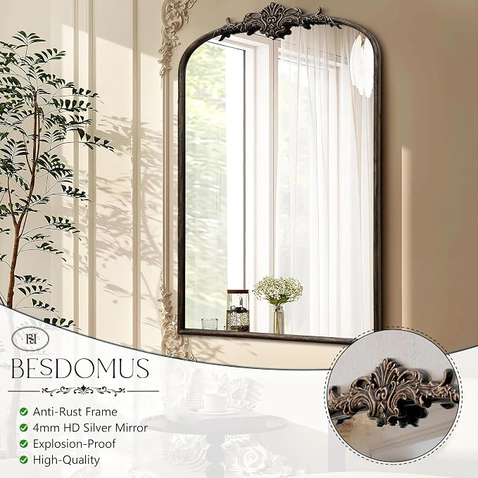 Besdomus Antique Large Arched Mirror: 24"x36" French Arch Black Vintage Wall - Image 8