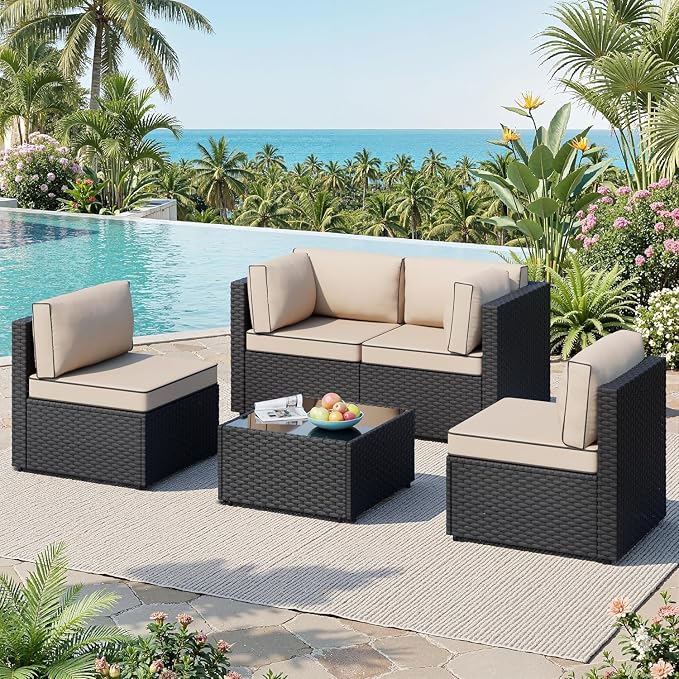 JAMFLY 5-Piece Patio Furniture Set, All-Weather Wicker Outdoor Sectional Sofa - Image 7