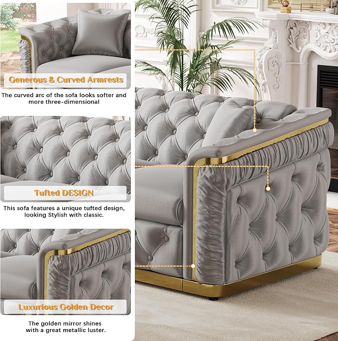 2 Piece Velvet Chesterfield Sofa Luxury Tufted Sofa Black and Gold Couch Set - Image 4