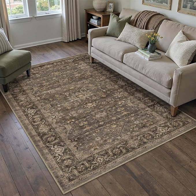 3x5 Washable Area Rug for Entryway Vintage Brown Non Slip Low Pile Carpet - Image 3