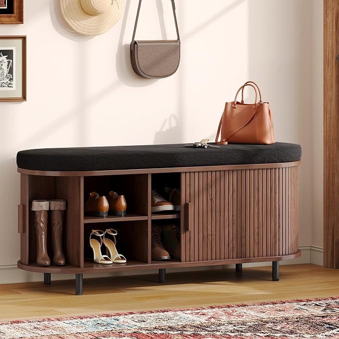 Oval Shoe Storage Bench with Padded Seat Cushion, 2-Tier Fluted Shoe Cabinet by ComfyCorner