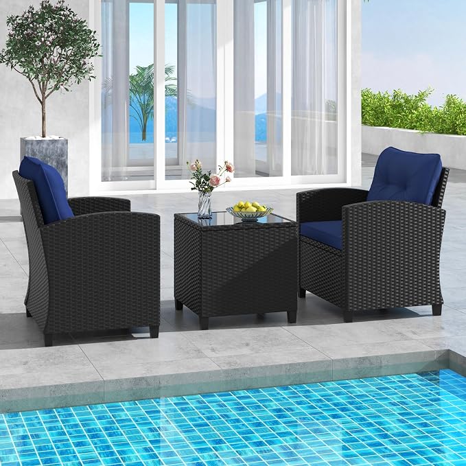 HAPPYGRILL 3 Pieces Wicker Patio Conversation Set, PE Rattan Bistro Sofa Set - Image 3