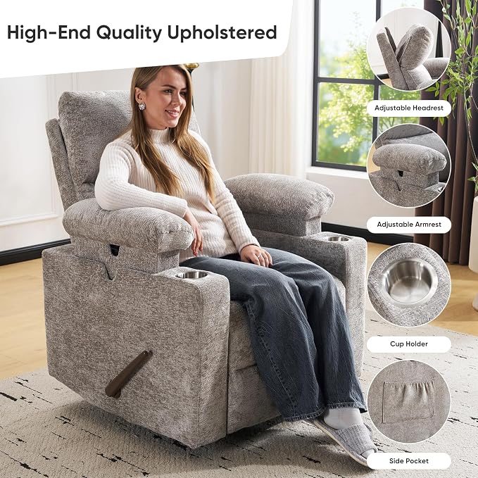 Swivel Rocker Recliner with Adjustable Armrests, Rocking Nursery Chair with - Image 5