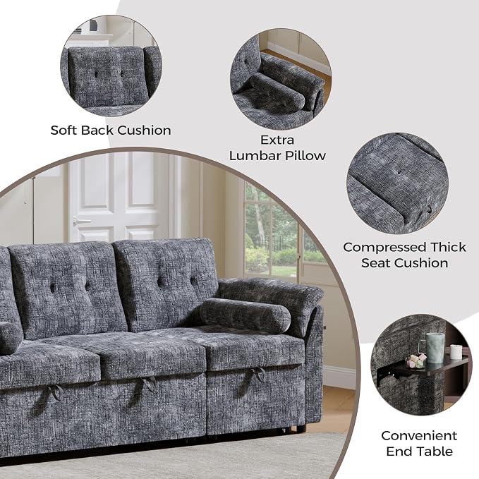 Convertible Sleeper Sofa Bed, 63 Inch Chenille Pull Out Couch - Image 3