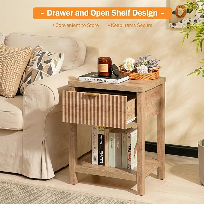 Fluted Night Stand with Golden Handle, Mid-Century Nightstands with Drawer - Image 6