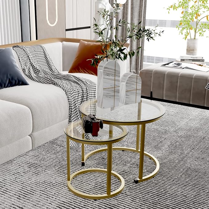 aboxoo Gold Nesting Coffee Table Set of 2, Small Glass Round Nesting Tables - Image 6