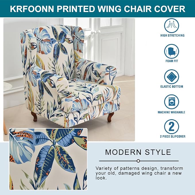 KRFOONN Stretch Wing Chair Slipcovers Printed 2 Piece Wingback Chair Covers - Image 4
